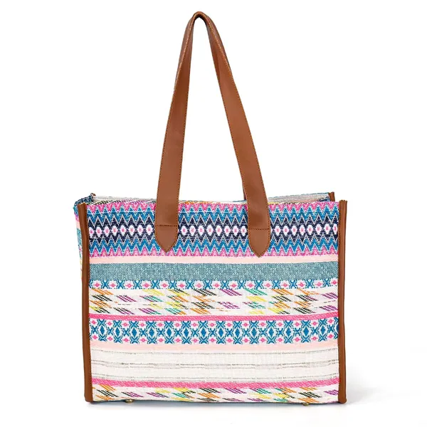 Brown_And_White_Jacquard_Fabric_Tote_Handbag_For_Women