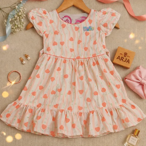 Peach_White_Heart_Print_Ruffle_Sleeve_Dress_For_Girls