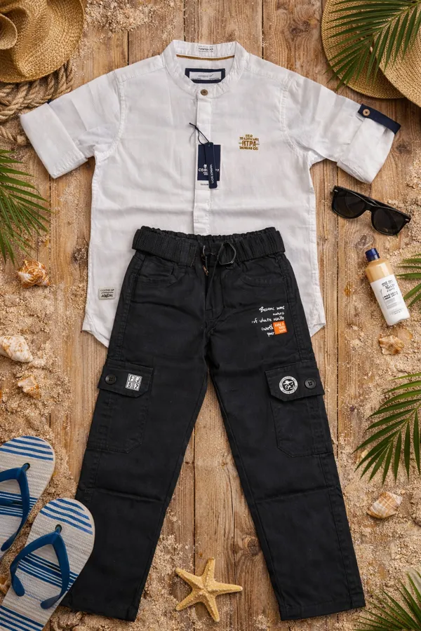 White_Cotton_Plain_Shirt_And_Black_Cargo_Pants_Set_For_Boys