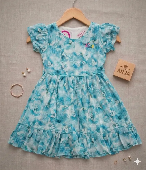 Blue_Tie_Dye_Print_Ruffle_Sleeve_Dress_For_Girls