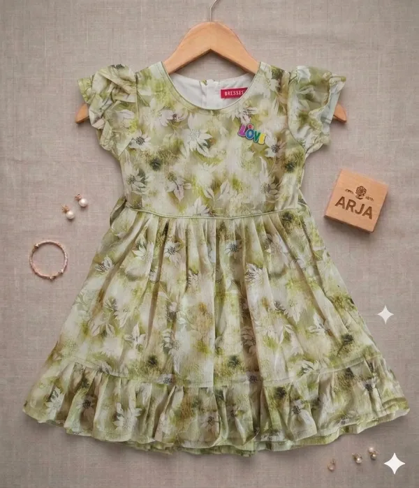 Green_Floral_Print_Frill_Sleeve_Dress_For_Girls