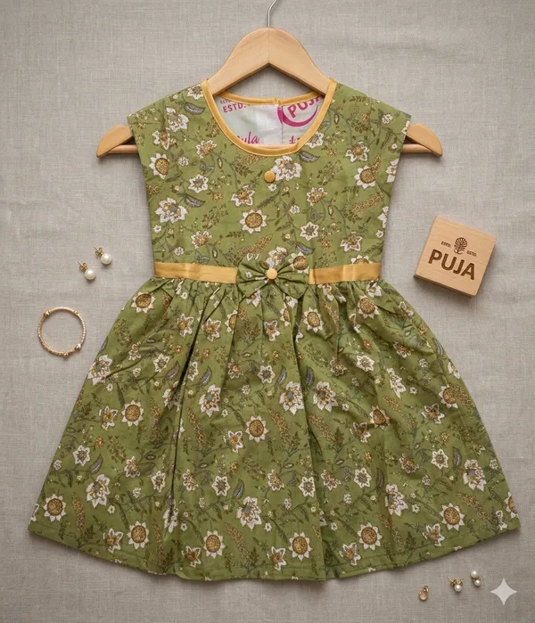 Olive_Green_Floral_Print_Bow_Dress_For_Girls