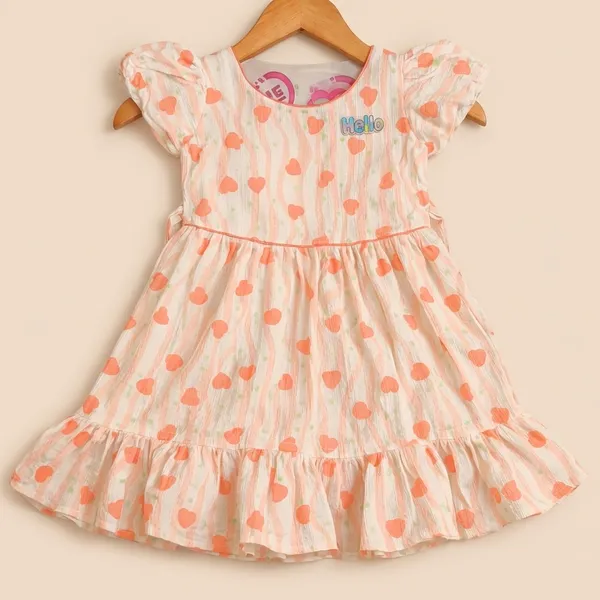 Peach_White_Heart_Print_Ruffle_Sleeve_Dress_For_Girls