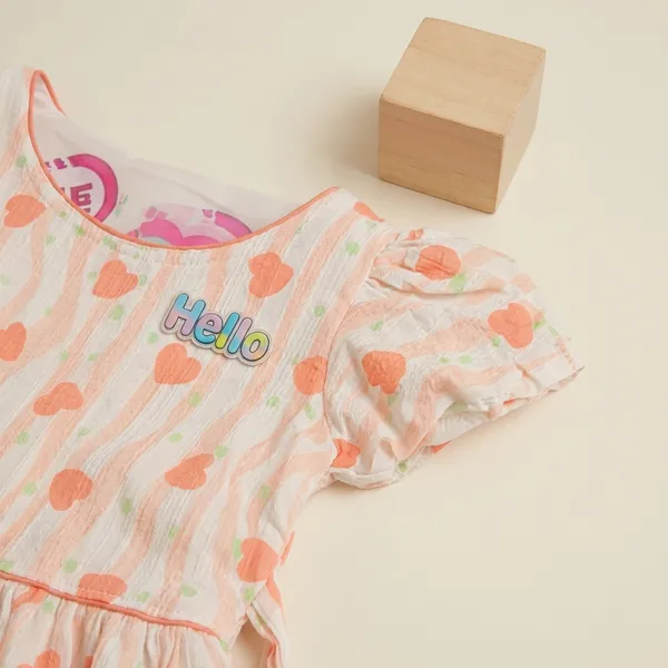 Peach_White_Heart_Print_Ruffle_Sleeve_Dress_For_Girls