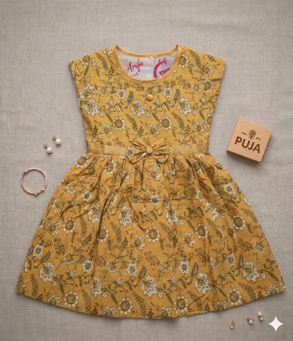 Mustard_Yellow_Floral_Print_Bow_Belt_Dress_For_Girls