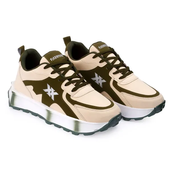Beige_Olive_Green_Star_Logo_Platform_Sneakers_For_Men