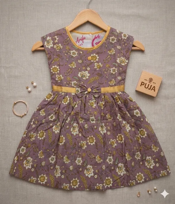 Purple_Floral_Print_Ribbon_Belt_Dress_For_Girls