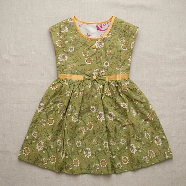 Olive_Green_Floral_Print_Bow_Dress_For_Girls