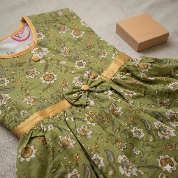 Olive_Green_Floral_Print_Bow_Dress_For_Girls