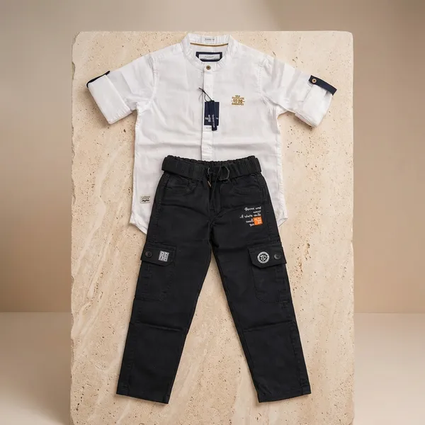White_Cotton_Plain_Shirt_And_Black_Cargo_Pants_Set_For_Boys