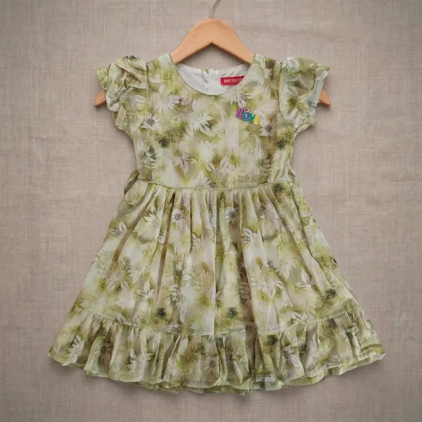 Green_Floral_Print_Frill_Sleeve_Dress_For_Girls