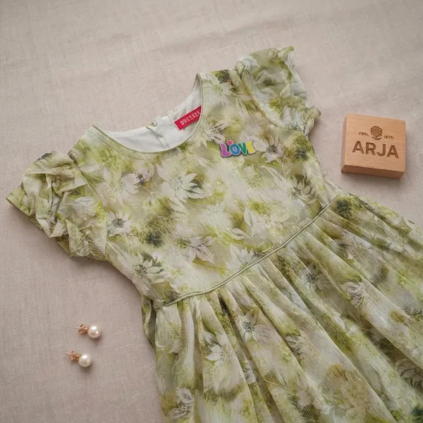 Green_Floral_Print_Frill_Sleeve_Dress_For_Girls