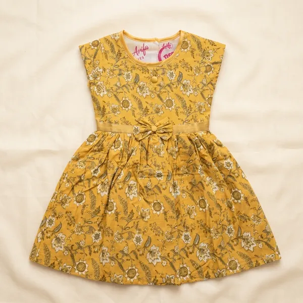 Mustard_Yellow_Floral_Print_Bow_Belt_Dress_For_Girls