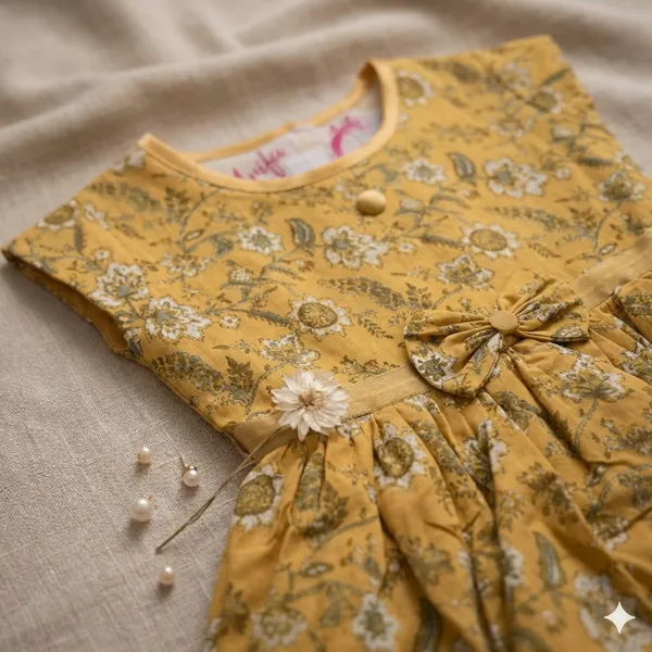 Mustard_Yellow_Floral_Print_Bow_Belt_Dress_For_Girls