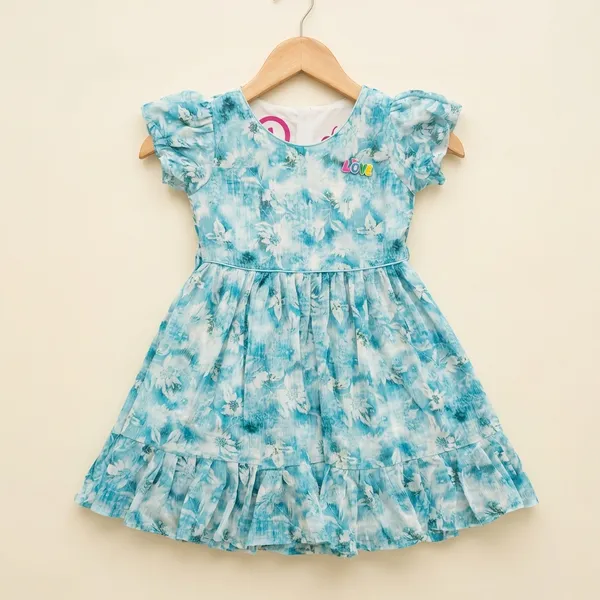 Blue_Tie_Dye_Print_Ruffle_Sleeve_Dress_For_Girls