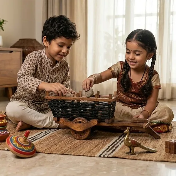 Multicolur_Handcrafted_Wooden_With_Woven_Basket_Bullock_Cart_Miniature
