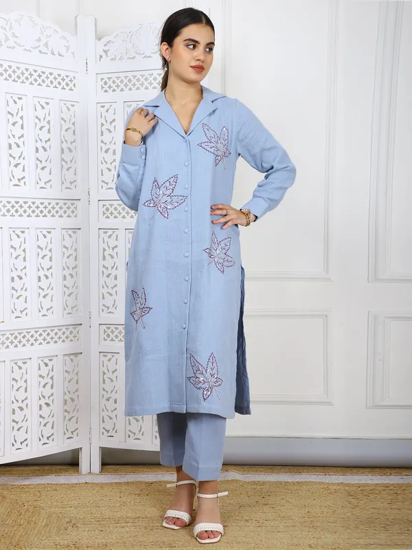Blue_Hand_Embroidered_Cotton_Cord_Set_2_Piece_Traditional_Outfit_With_Leaf_Motifs_For_Women