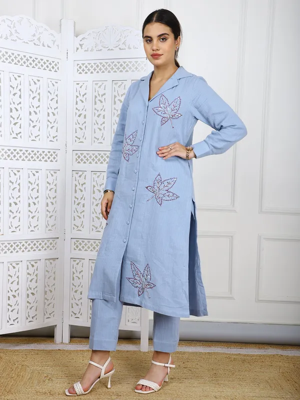 Blue_Hand_Embroidered_Cotton_Cord_Set_2_Piece_Traditional_Outfit_With_Leaf_Motifs_For_Women