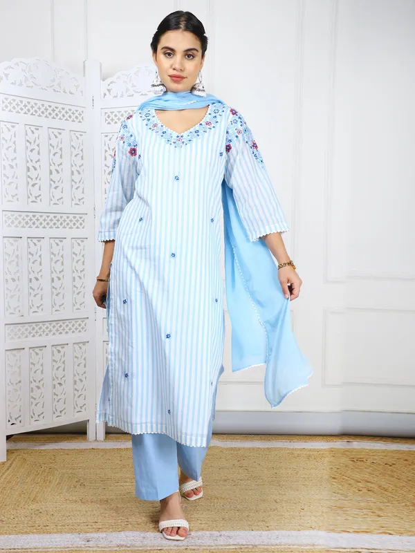 Blue_3_Piece_Sky_Cotton_Suit_Set_With_3D_Embroidery_Work_For_Women