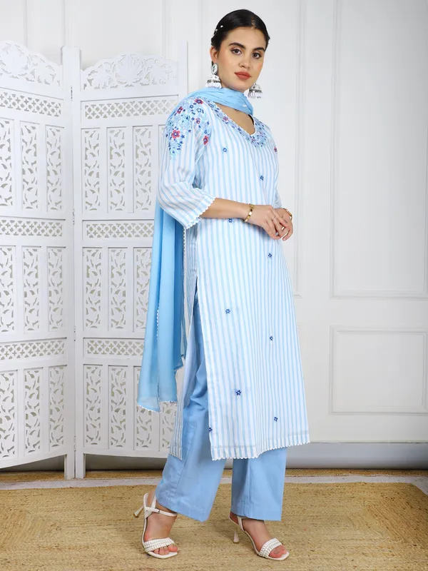 Blue_3_Piece_Sky_Cotton_Suit_Set_With_3D_Embroidery_Work_For_Women