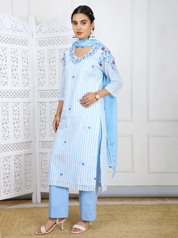 Blue_3_Piece_Sky_Cotton_Suit_Set_With_3D_Embroidery_Work_For_Women