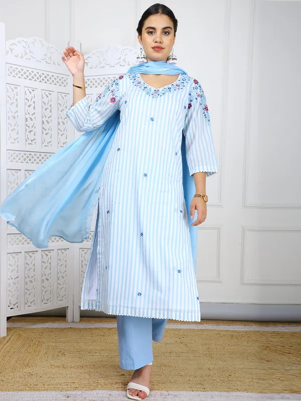 Blue_3_Piece_Sky_Cotton_Suit_Set_With_3D_Embroidery_Work_For_Women