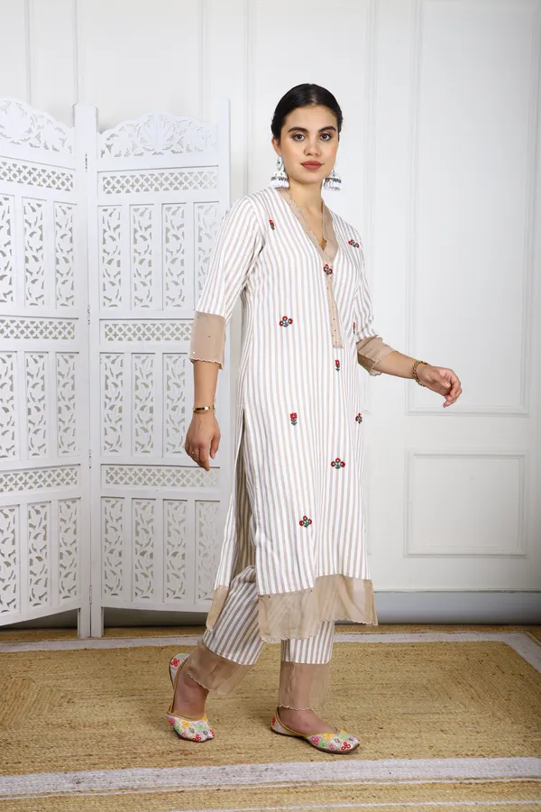 White_And_Brown_Striped_Rayon_Kurta_Set_With_Organza_Detailing_For_Women