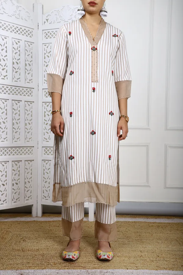 White_And_Brown_Striped_Rayon_Kurta_Set_With_Organza_Detailing_For_Women