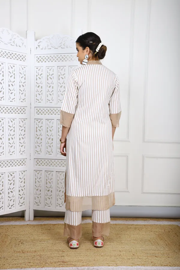 White_And_Brown_Striped_Rayon_Kurta_Set_With_Organza_Detailing_For_Women