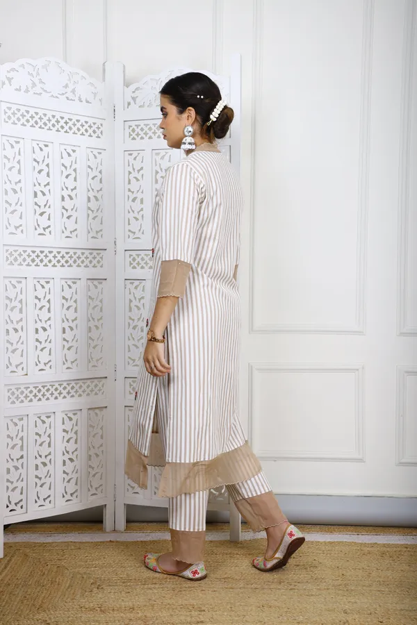 White_And_Brown_Striped_Rayon_Kurta_Set_With_Organza_Detailing_For_Women