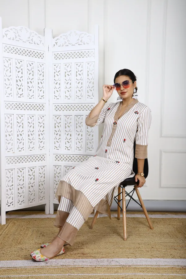 White_And_Brown_Striped_Rayon_Kurta_Set_With_Organza_Detailing_For_Women