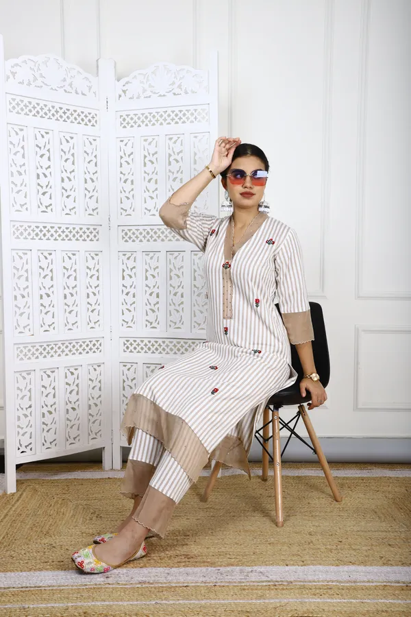 White_And_Brown_Striped_Rayon_Kurta_Set_With_Organza_Detailing_For_Women