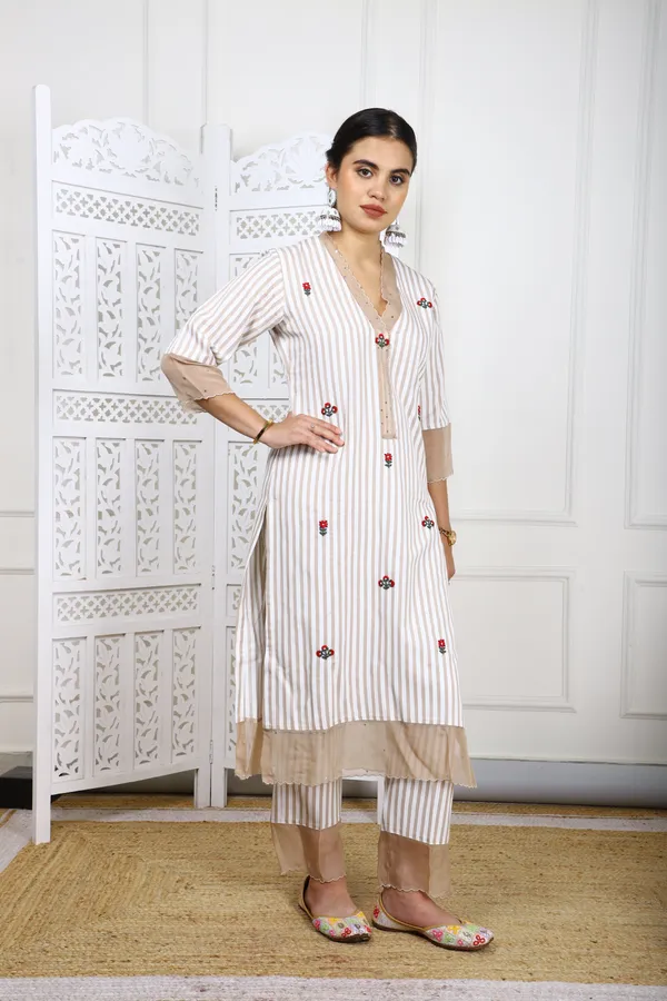 White_And_Brown_Striped_Rayon_Kurta_Set_With_Organza_Detailing_For_Women