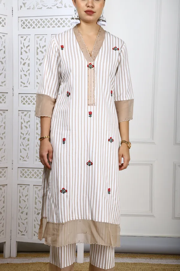 White_And_Brown_Striped_Rayon_Kurta_Set_With_Organza_Detailing_For_Women