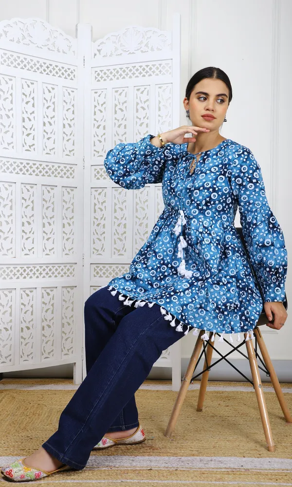 Multicolor_Traditional_Ethnic_Wear_With_Tassel_Lace_Trim_Bandhej_Print_Cotton_Tunic_For_Women