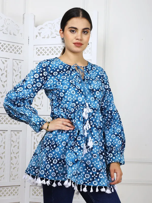 Multicolor_Traditional_Ethnic_Wear_With_Tassel_Lace_Trim_Bandhej_Print_Cotton_Tunic_For_Women