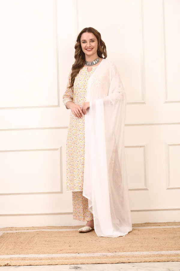 White_Floral_Cotton_Straight_Kurta_Set_Elegant_Casual_Suit_With_Solid_Dupatta_For_Women