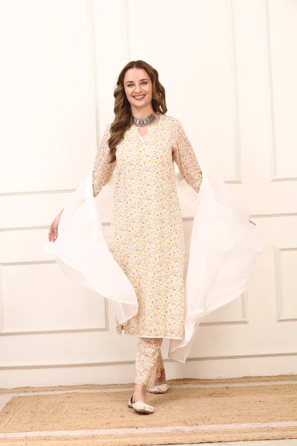 White_Floral_Cotton_Straight_Kurta_Set_Elegant_Casual_Suit_With_Solid_Dupatta_For_Women