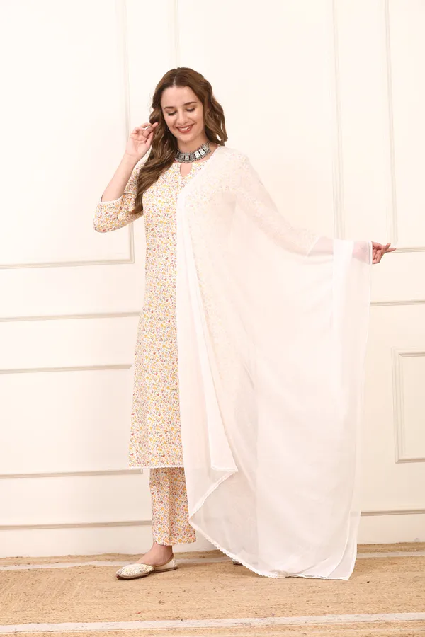 White_Floral_Cotton_Straight_Kurta_Set_Elegant_Casual_Suit_With_Solid_Dupatta_For_Women
