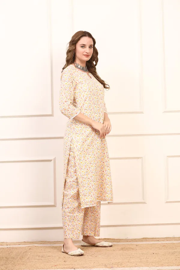 White_Floral_Cotton_Straight_Kurta_Set_Elegant_Casual_Suit_With_Solid_Dupatta_For_Women
