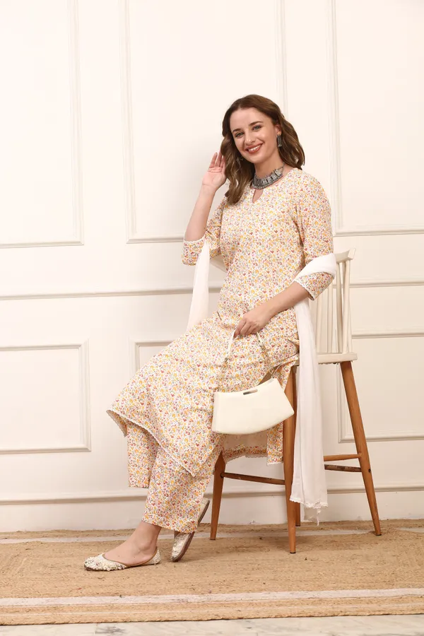 White_Floral_Cotton_Straight_Kurta_Set_Elegant_Casual_Suit_With_Solid_Dupatta_For_Women