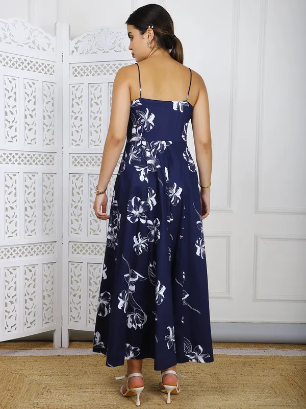 Blue_Elegant_Casual_Wear_With_Panel_Detailing_Floral_Cotton_Maxi_Dress_For_Women