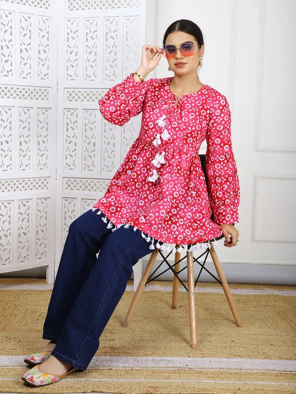 Red_Bandhej_Print_Cotton_Tunic_Ethnic_Casual_Wear_With_Tassel_Lace_Trim_For_Women