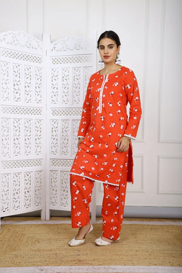 Orange_Floral_Cotton_Kurta_With_Farsi_Salwar_For_Women