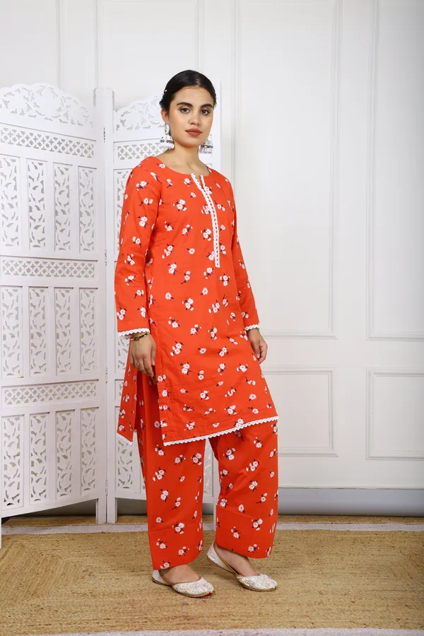 Orange_Floral_Cotton_Kurta_With_Farsi_Salwar_For_Women