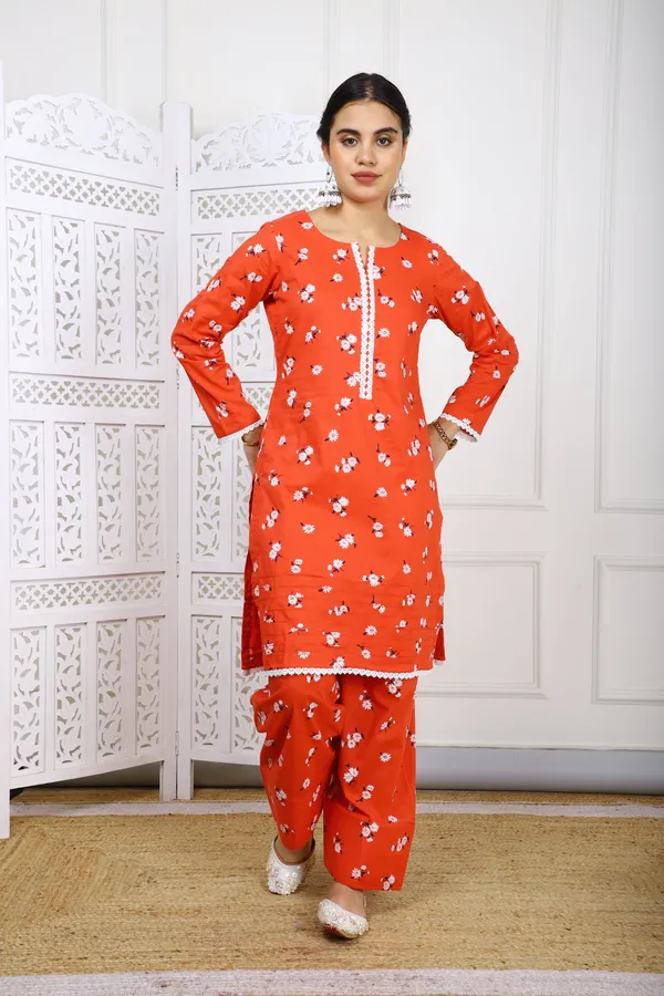 Orange_Floral_Cotton_Kurta_With_Farsi_Salwar_For_Women