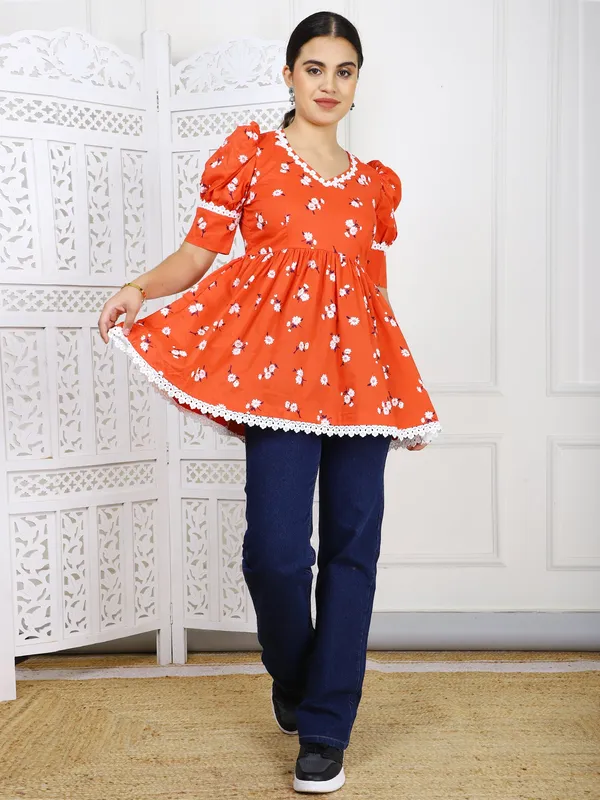 Orange_Floral_Cotton_Peplum_Top_For_Women
