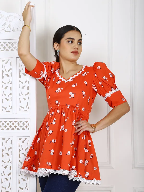 Orange_Floral_Cotton_Peplum_Top_For_Women