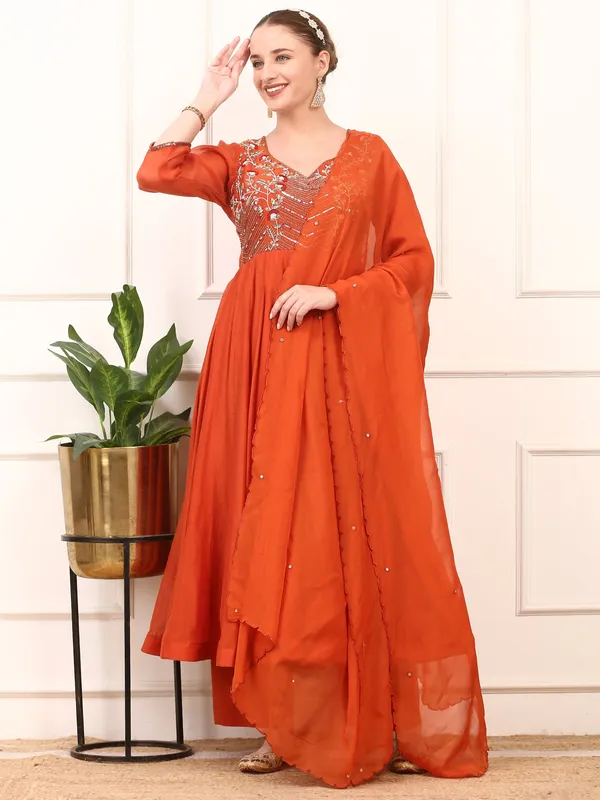 Rust_Orange_Embroidered_Anarkali_Suit_Set_Fla_Design_With_Dupatta_For_Women
