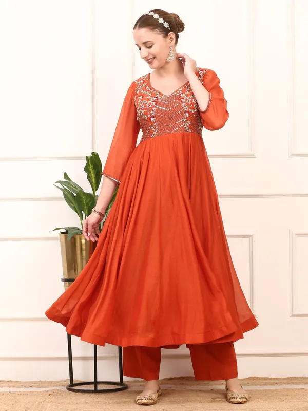 Rust_Orange_Embroidered_Anarkali_Suit_Set_Fla_Design_With_Dupatta_For_Women